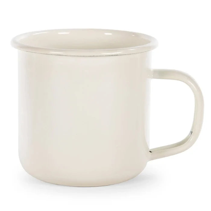 Beige enamel mug on a white background