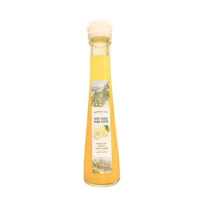 Bottle of Kito Yuzu Pure Juice on a white background
