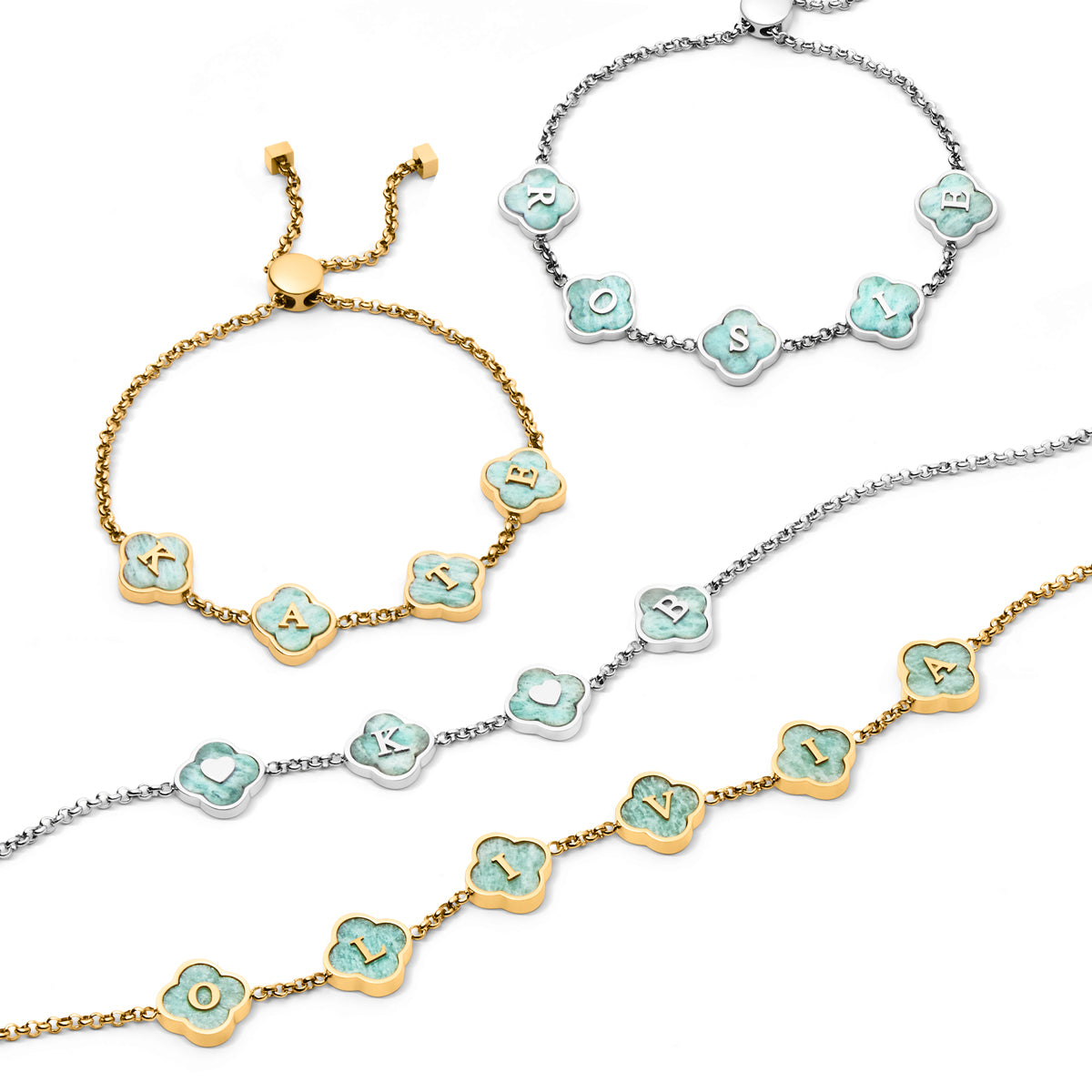Amazonite Clover Custom Name Necklace (Silver)