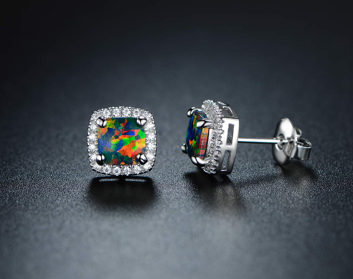18K White Gold Plated Black Opal Stud Earrings