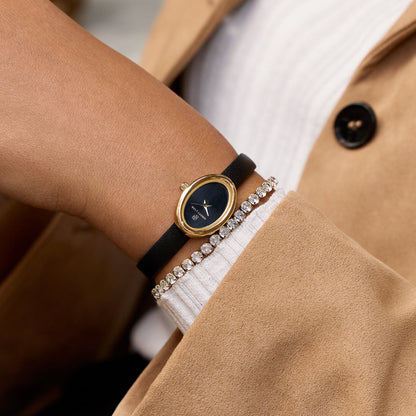 Monroe Leather Watch & Onyx Bracelet Set (Black/Gold)