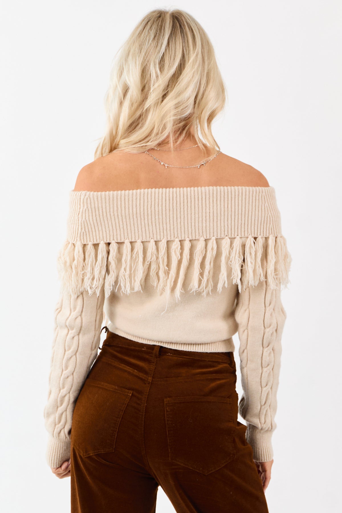 Almond Cable Knit Off Shoulder Tassel Sweater