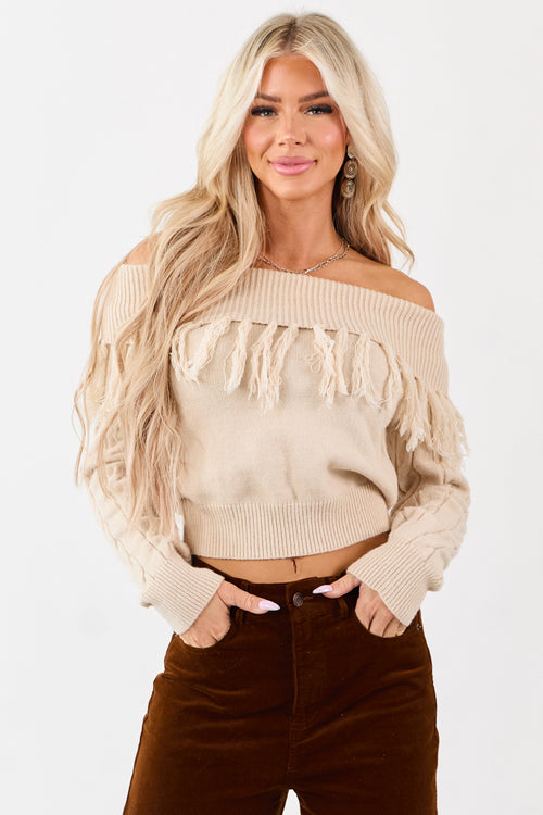 Almond Cable Knit Off Shoulder Tassel Sweater