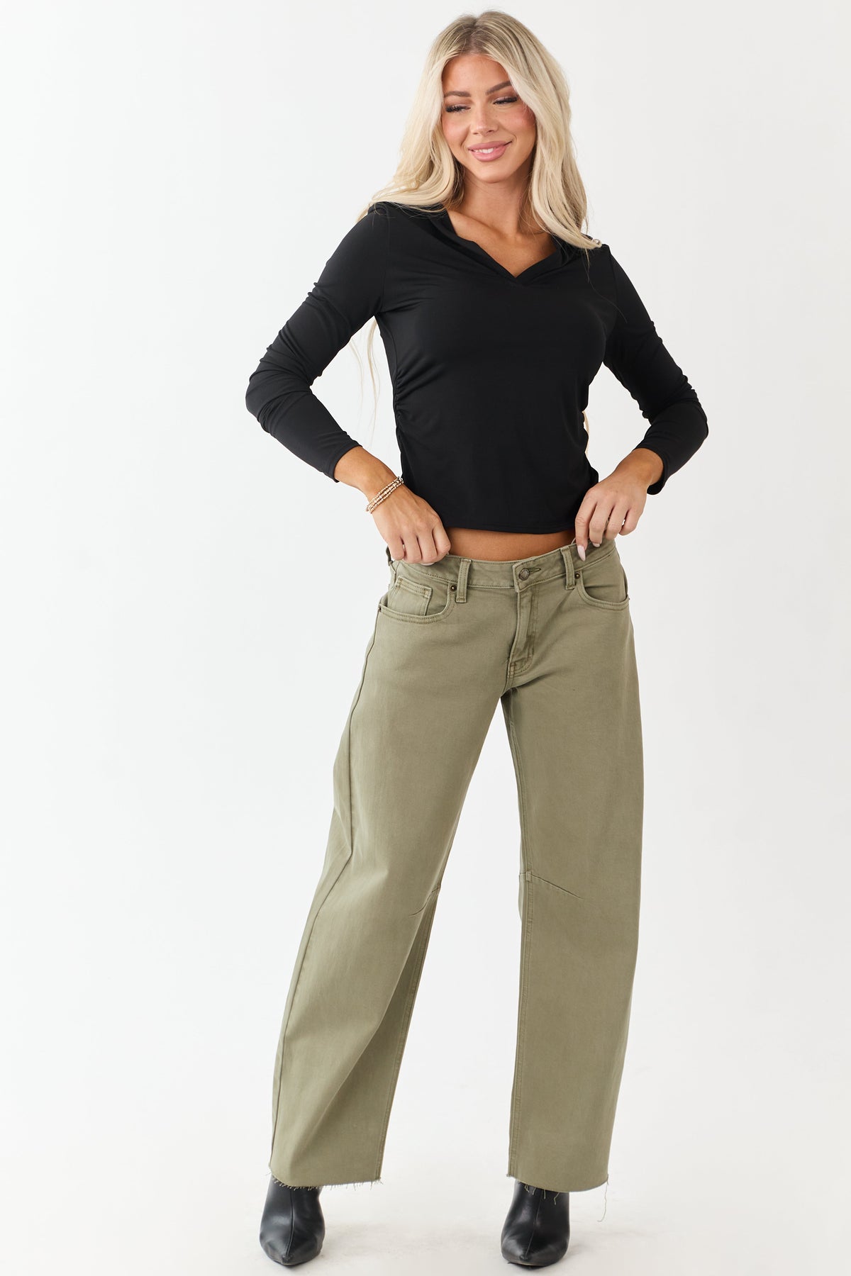 Antique Olive Mid Rise Raw Hem Barrel Jeans