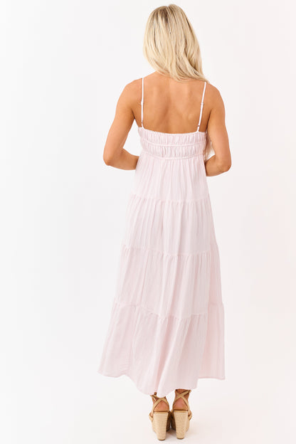 Baby Pink and Ivory Striped Babydoll Tiered Midi Dress
