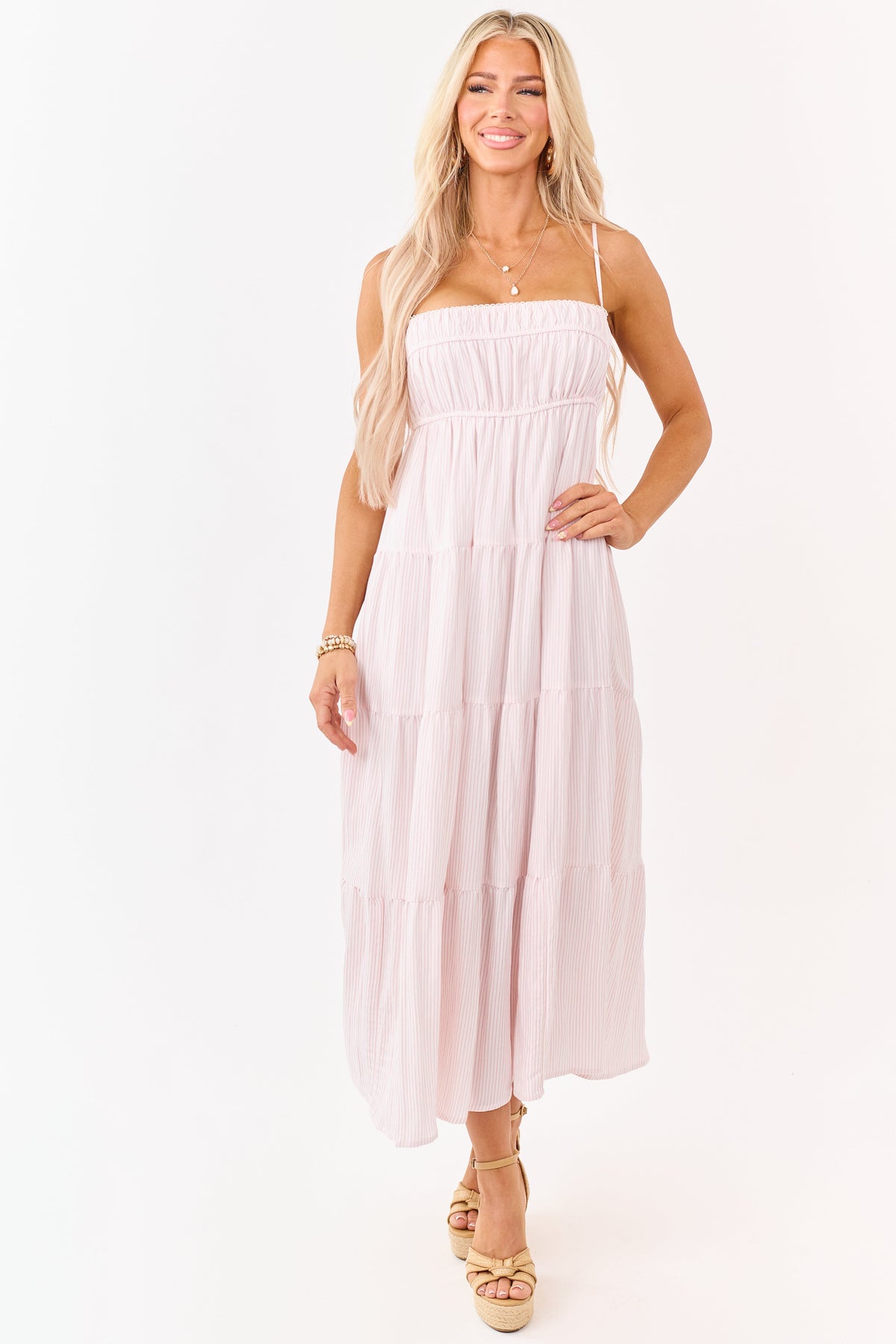 Baby Pink and Ivory Striped Babydoll Tiered Midi Dress