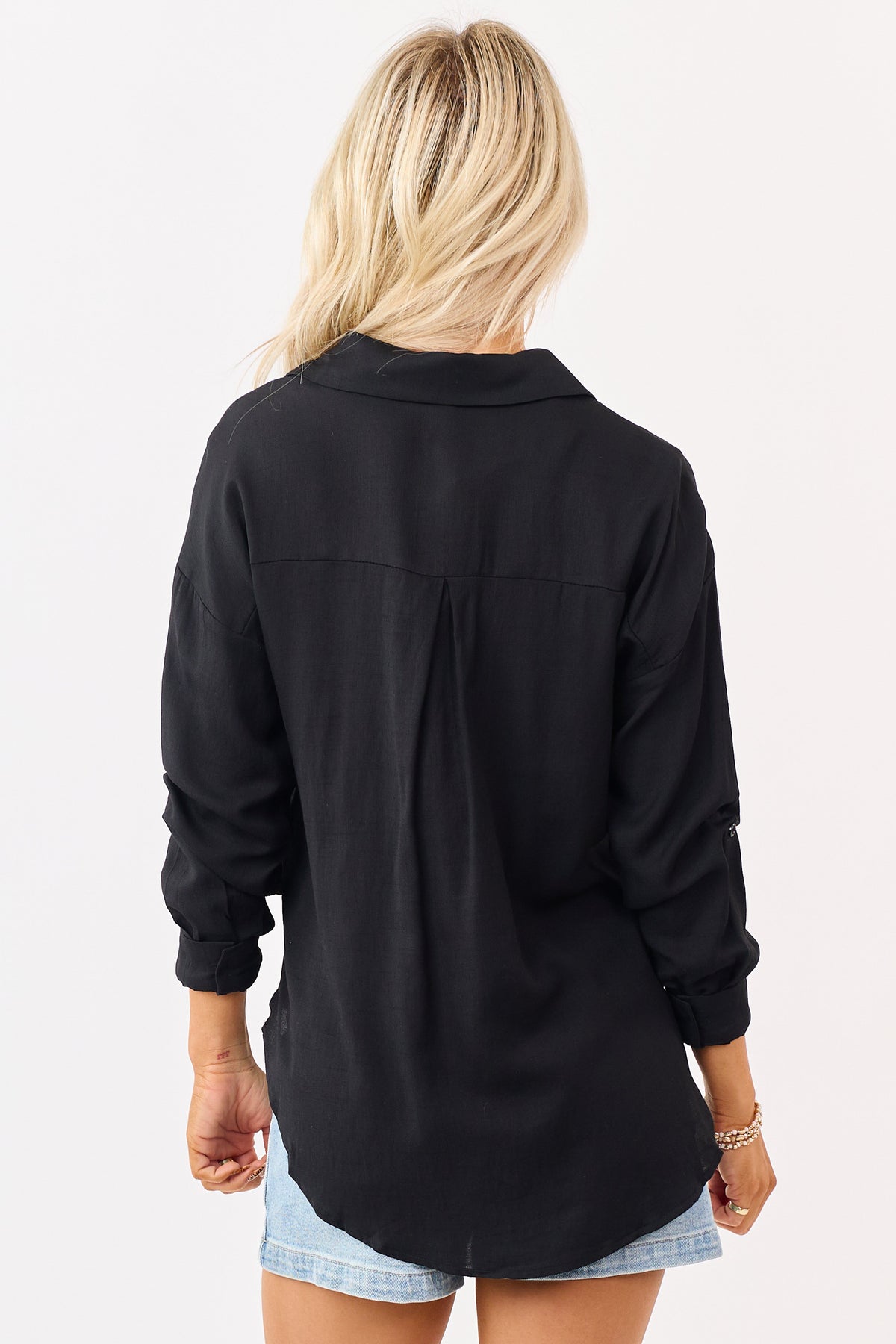 Black Button Down Side Slit Long Sleeve Top