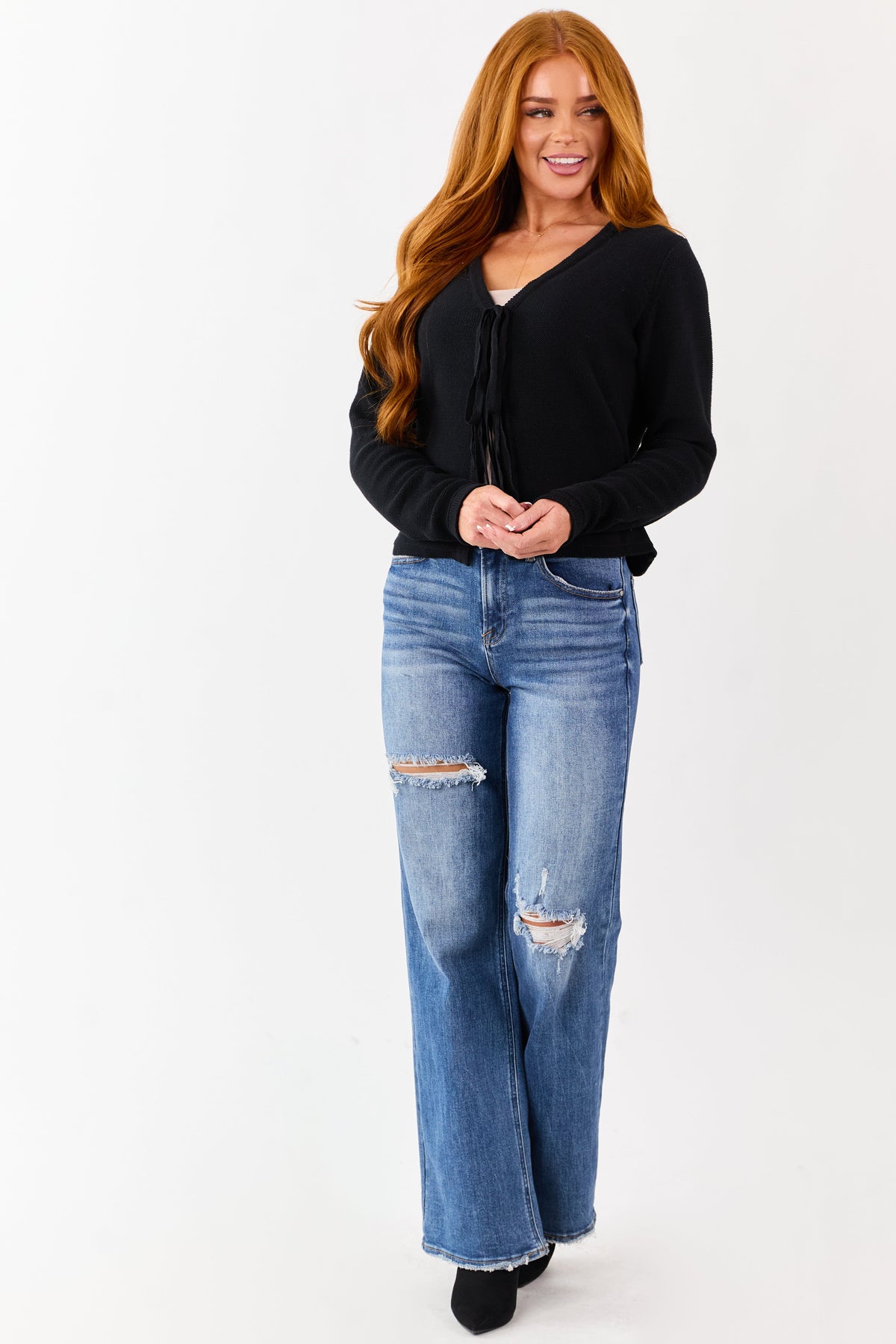 Black Cotton Front Tie Long Sleeve Cardigan