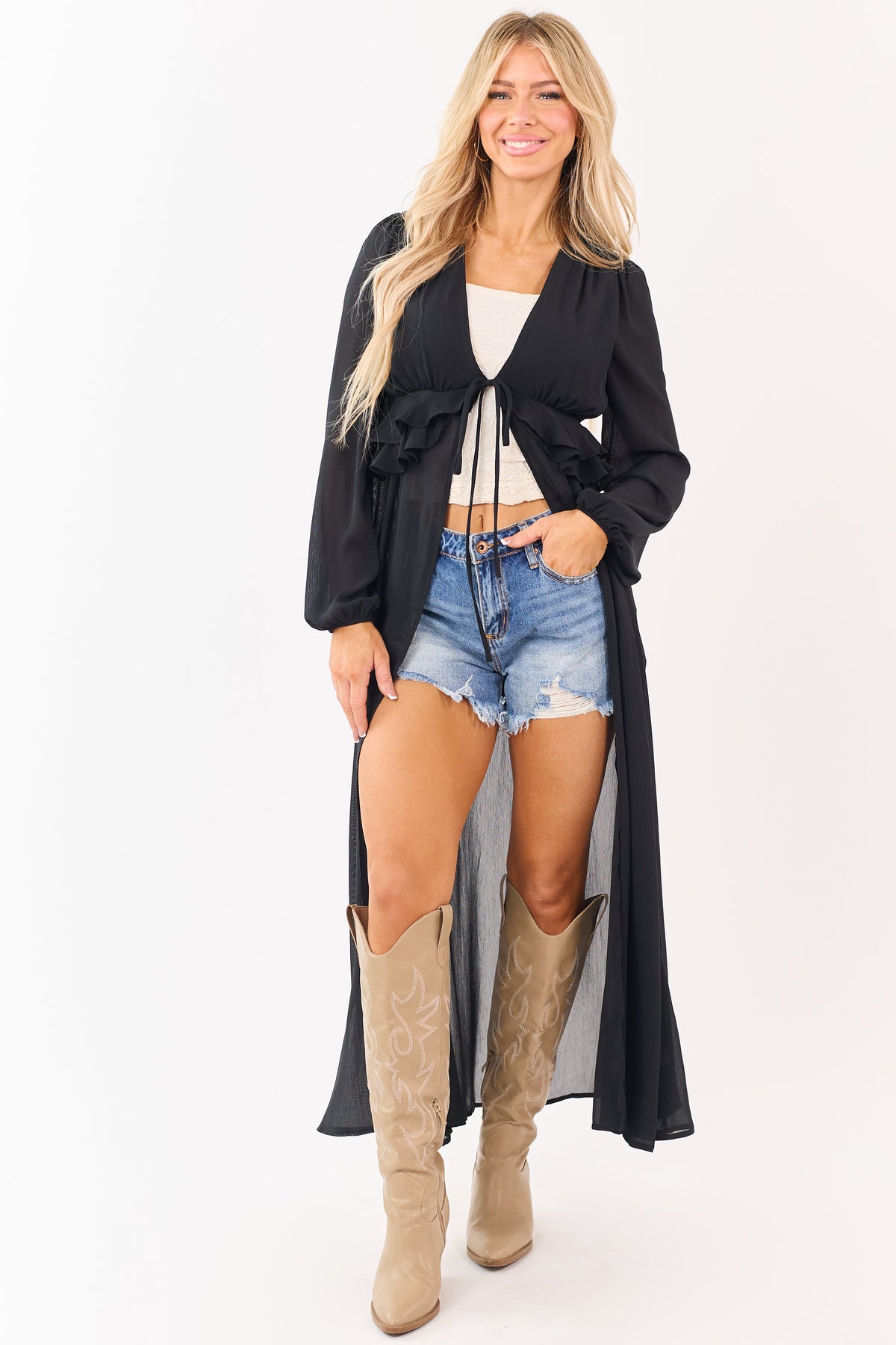 Black Front Tie Side Cut Out Sheer Duster Cardigan