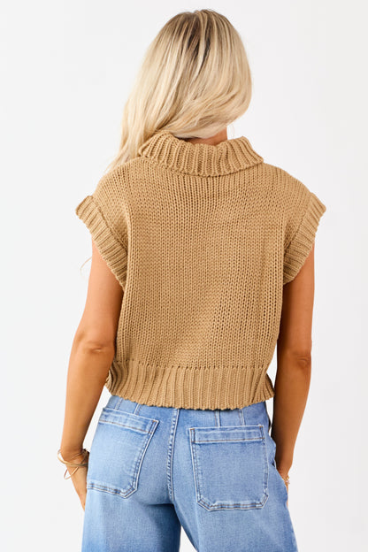Camel Knit Turtleneck Cap Sleeve Sweater Top