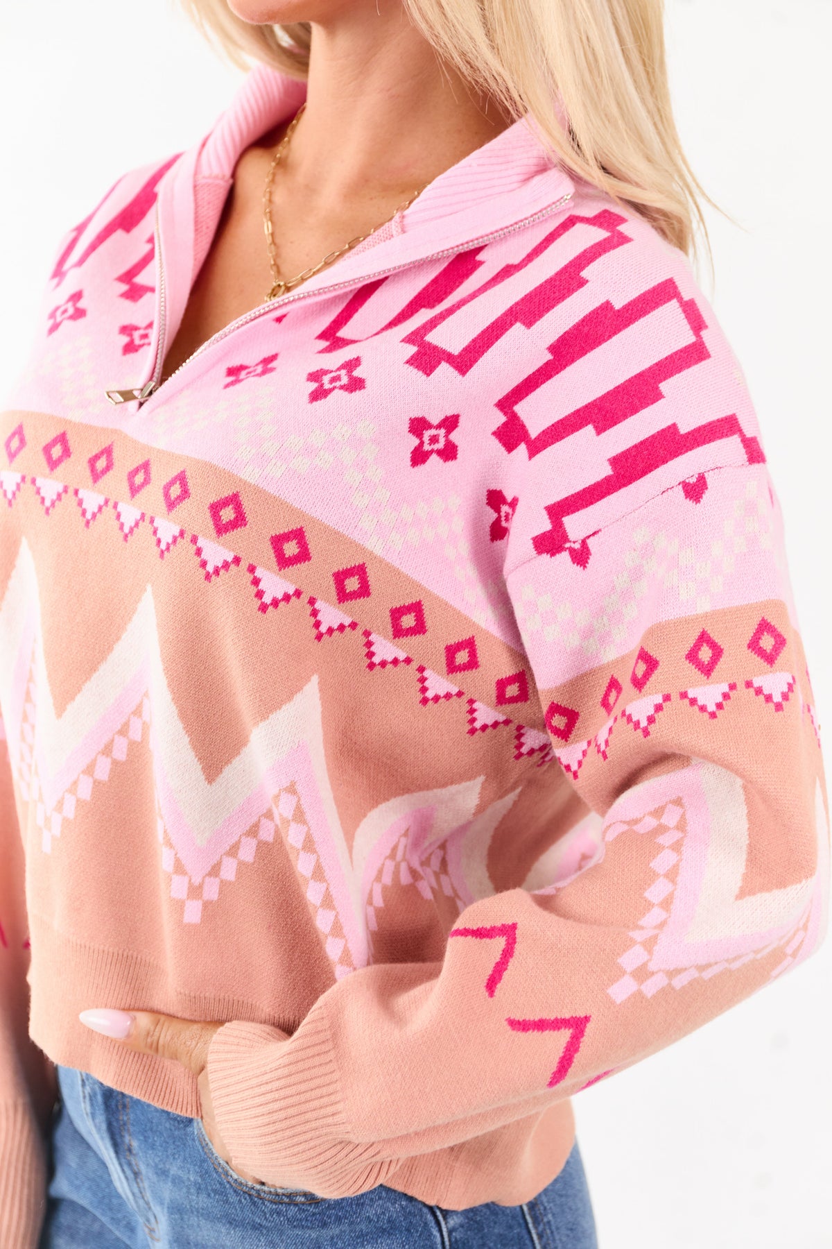 Carnation Geometric Half Zip Up Pullover Sweater