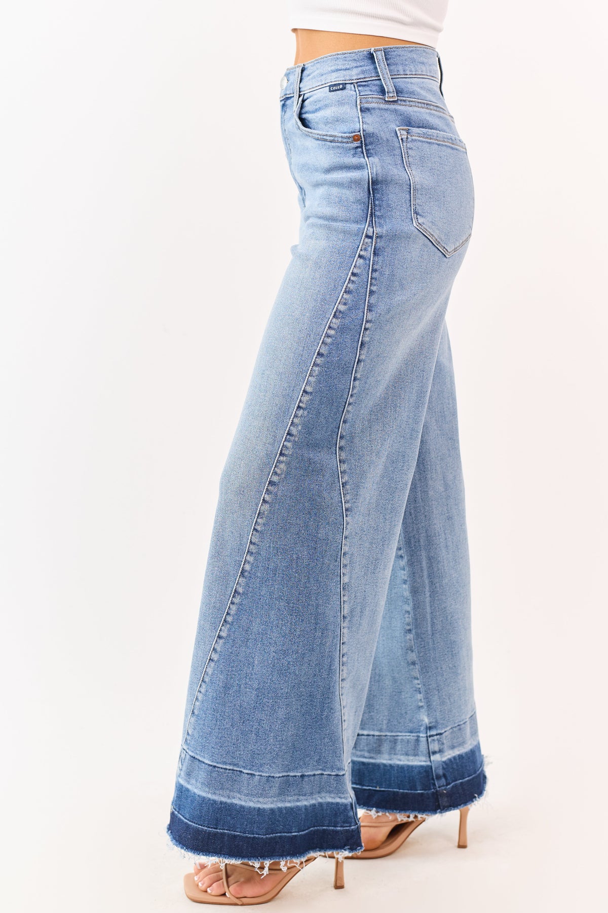 Cello Medium Wash Released Hem Stretchy Wide Jeans