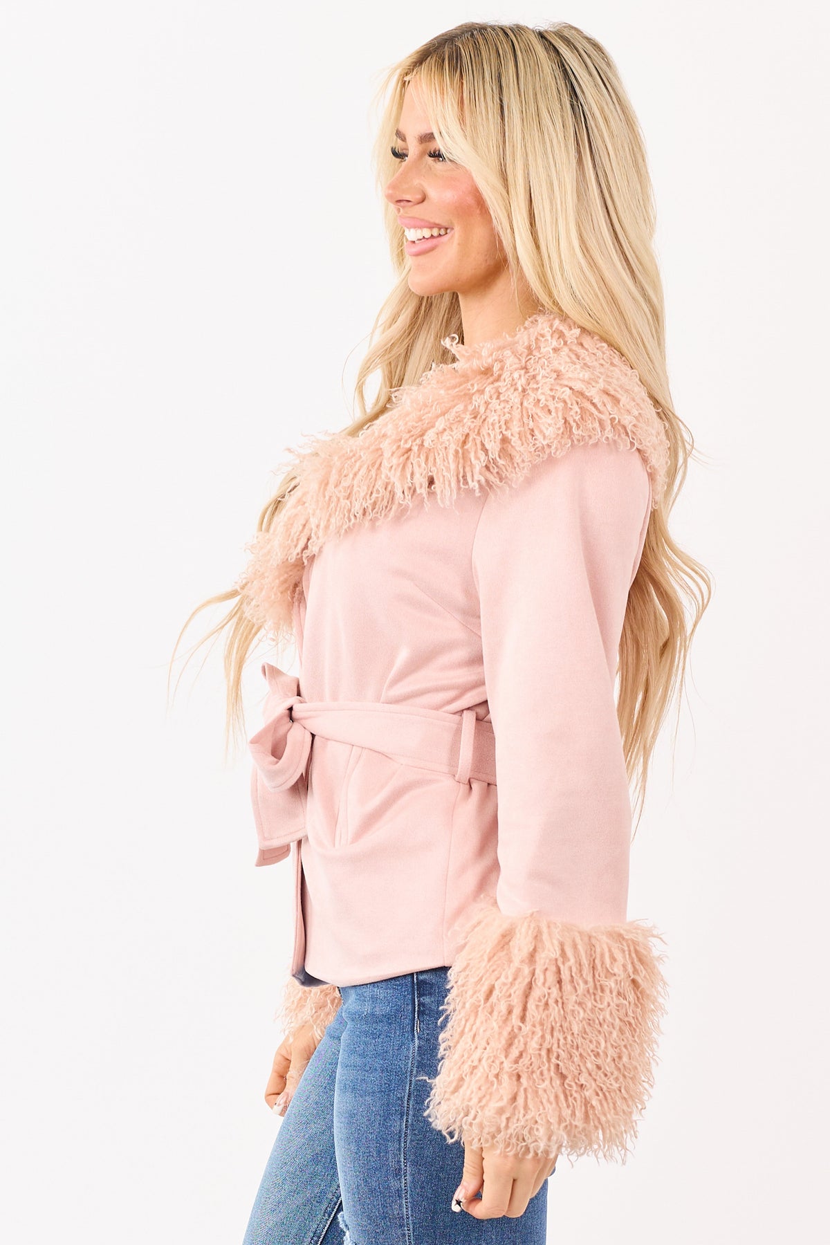 Cherry Blossom Faux Suede Waist Tie Faux Fur Coat