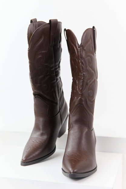 Chocolate Faux Leather Embroidered Cowboy Boots