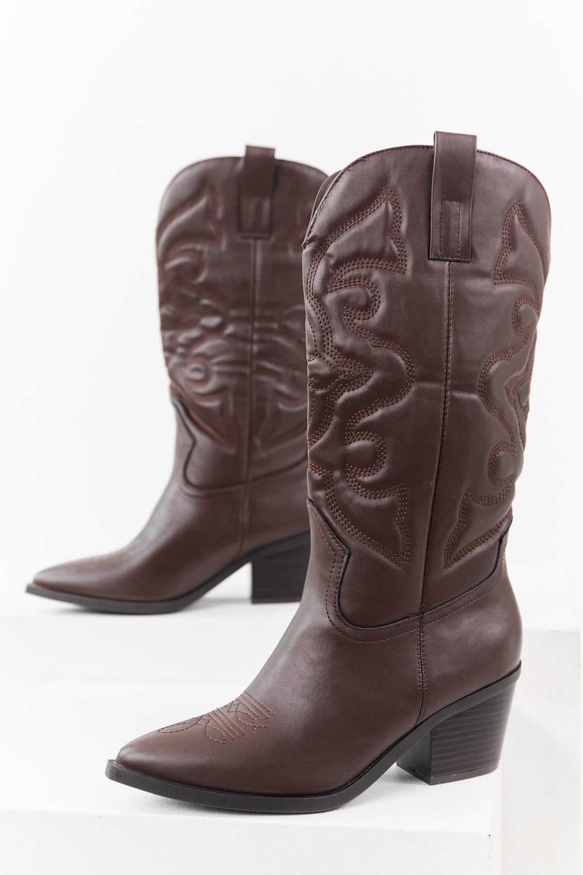 Chocolate Faux Leather Embroidered Cowboy Boots