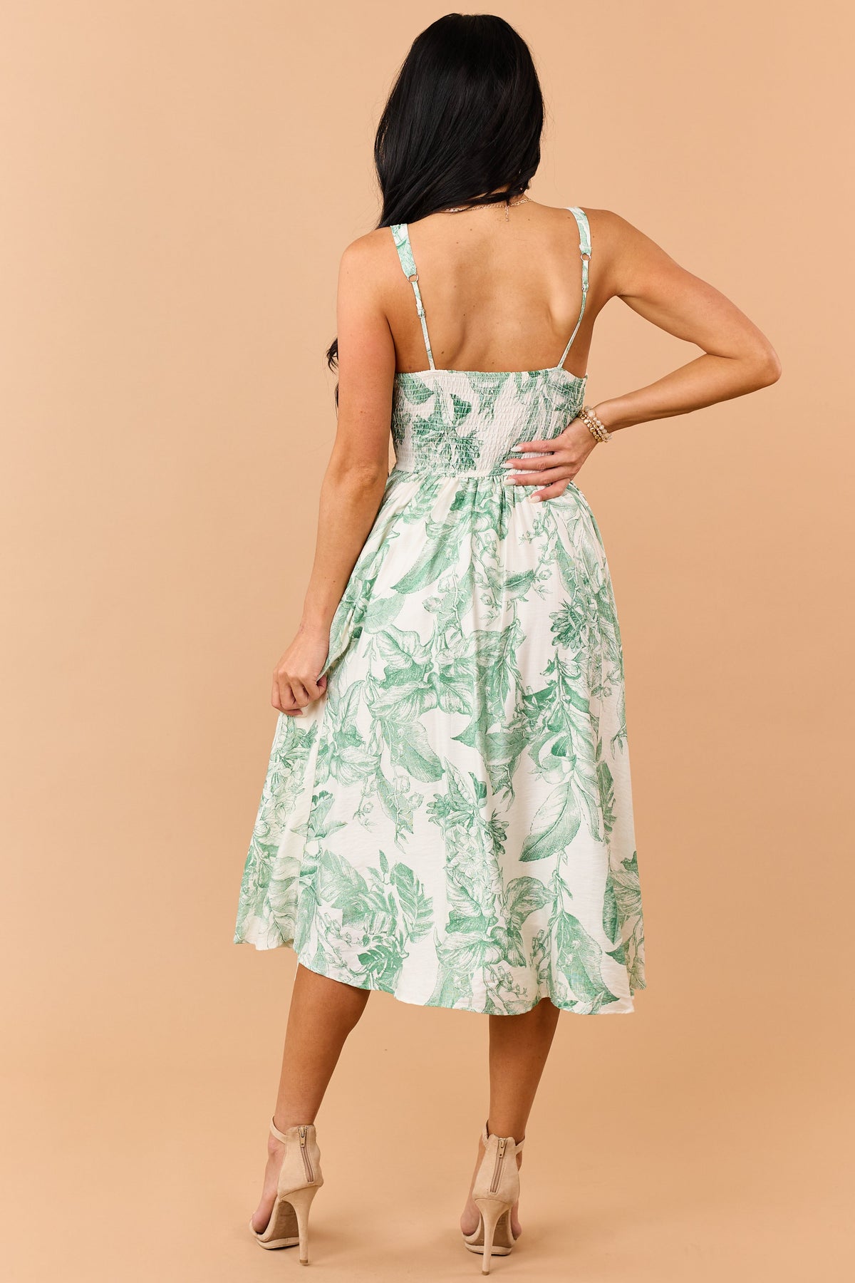 Cream and Pine Vintage Floral Print Midi Dress