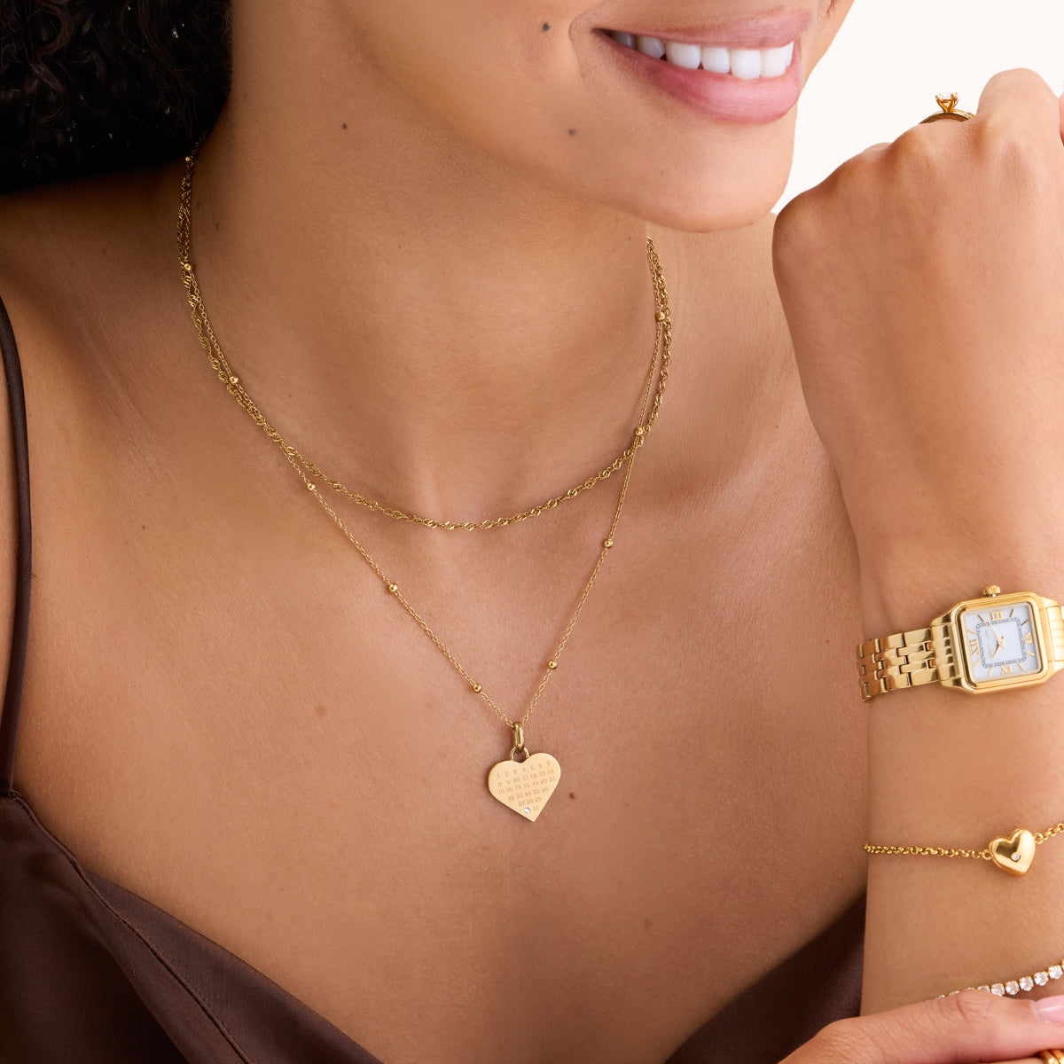 Custom Calendar & Fingerprint Heart Necklace (Gold)