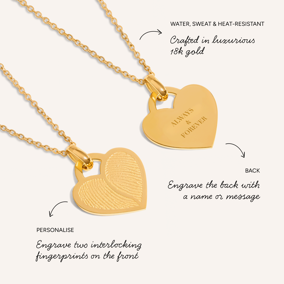 Double Fingerprint Heart Token Necklace (Gold)