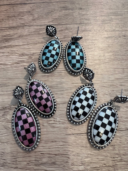 Western Oval Rhinestone Earring with Checkerboard Inlay