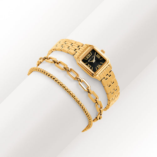 Black Essence Watch & Chain Bracelet Set (Gold)