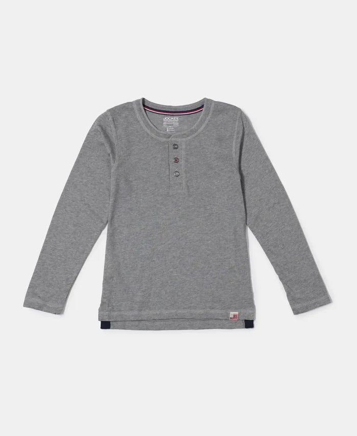 Super Combed Cotton Rich Graphic Printed Full Sleeve Henley T-Shirt - Grey Melange-1