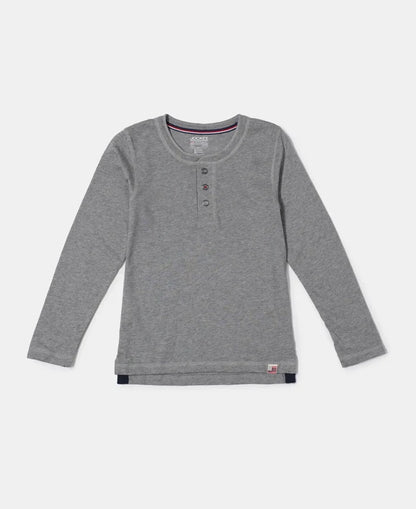 Super Combed Cotton Rich Graphic Printed Full Sleeve Henley T-Shirt - Grey Melange-1