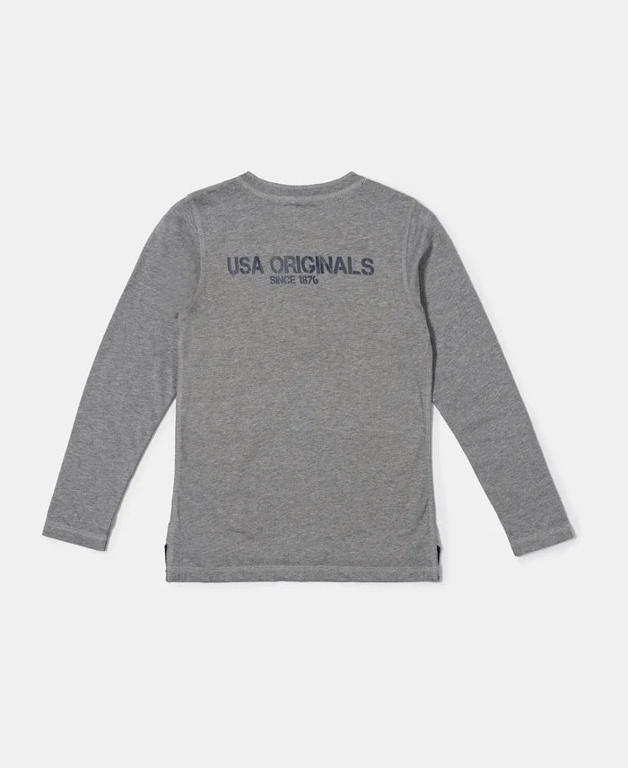 Super Combed Cotton Rich Graphic Printed Full Sleeve Henley T-Shirt - Grey Melange-2