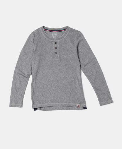 Super Combed Cotton Rich Graphic Printed Full Sleeve Henley T-Shirt - Grey Melange-5