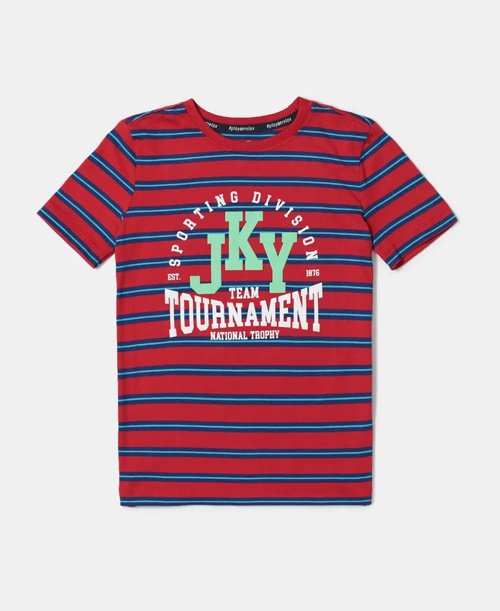 Super Combed Cotton Striped Graphic Printed Half Sleeve T-Shirt - Pompeian Red-1