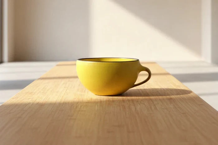 Yellow mug on a wooden table with sunlight casting shadows