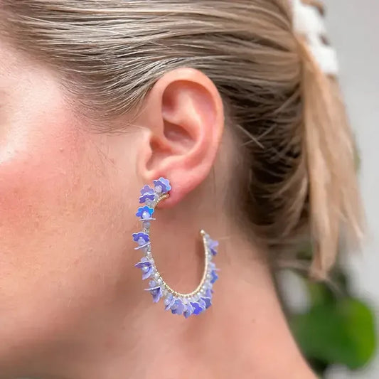 Flower Fringe Hoop Earrings - Lavender