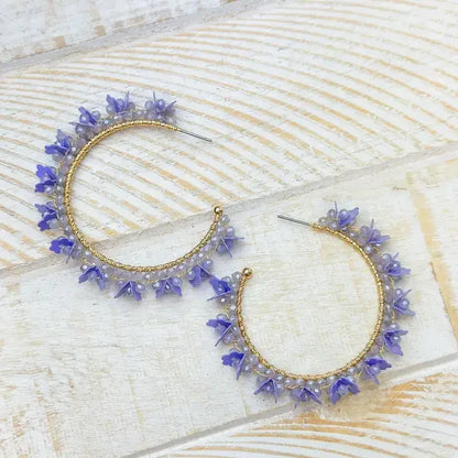 Flower Fringe Hoop Earrings - Lavender
