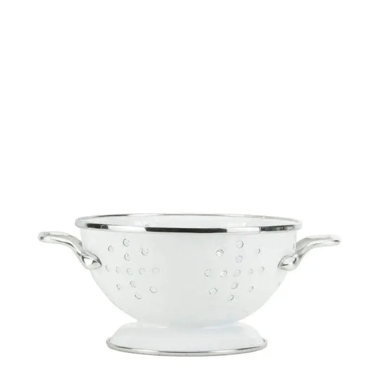 White colander with silver rim on a white background