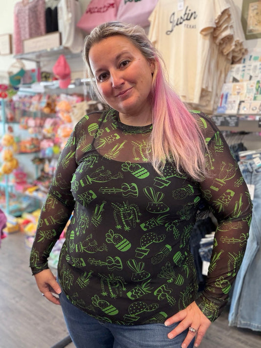 Green Cactus Mesh Top