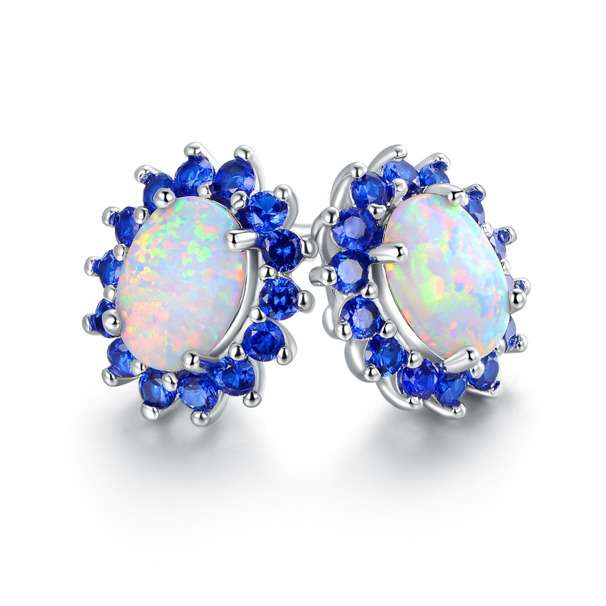 18K White Gold Plated Opal Flower Earrings
