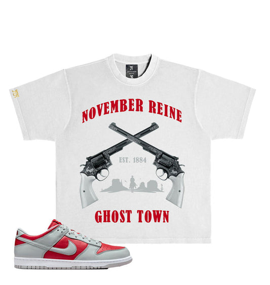 NOVEMBER REINE-"GHOST TOWN" HEAVYWEIGHT LUXURY T-SHIRT GREY AND RED