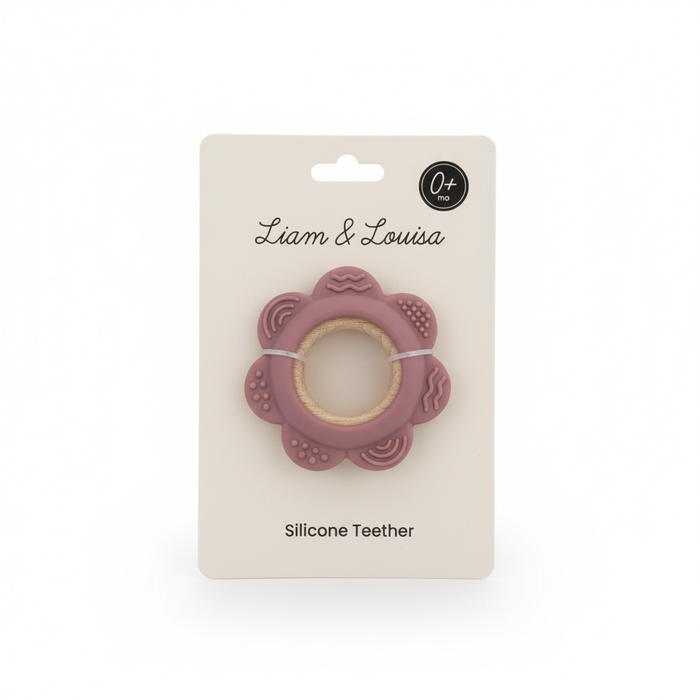 Pink Flower Silicone & Beechwood Baby Ring Teether