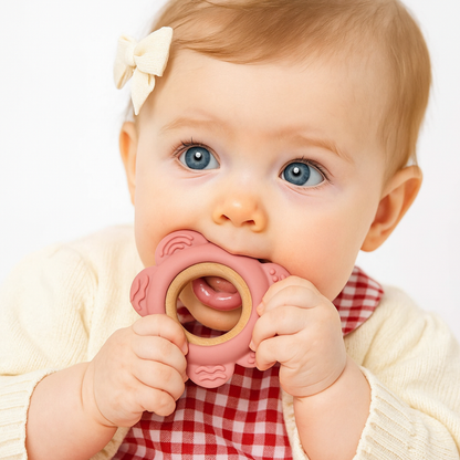 Pink Flower Silicone & Beechwood Baby Ring Teether