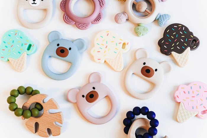 Pink Flower Silicone & Beechwood Baby Ring Teether