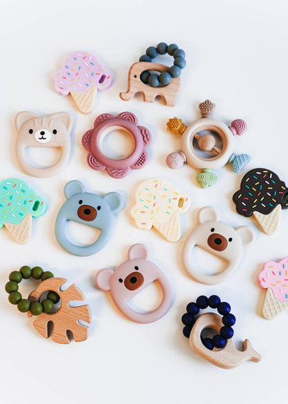 Pink Flower Silicone & Beechwood Baby Ring Teether