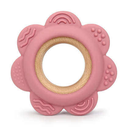 Pink Flower Silicone & Beechwood Baby Ring Teether