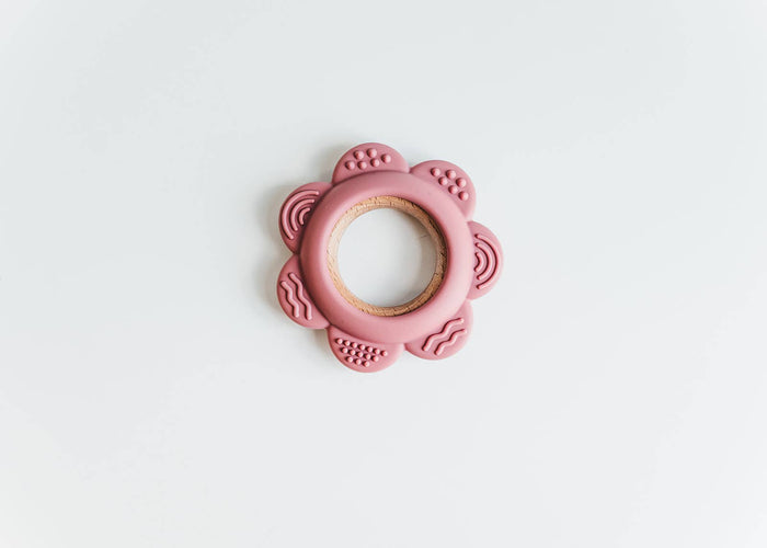 Pink Flower Silicone & Beechwood Baby Ring Teether