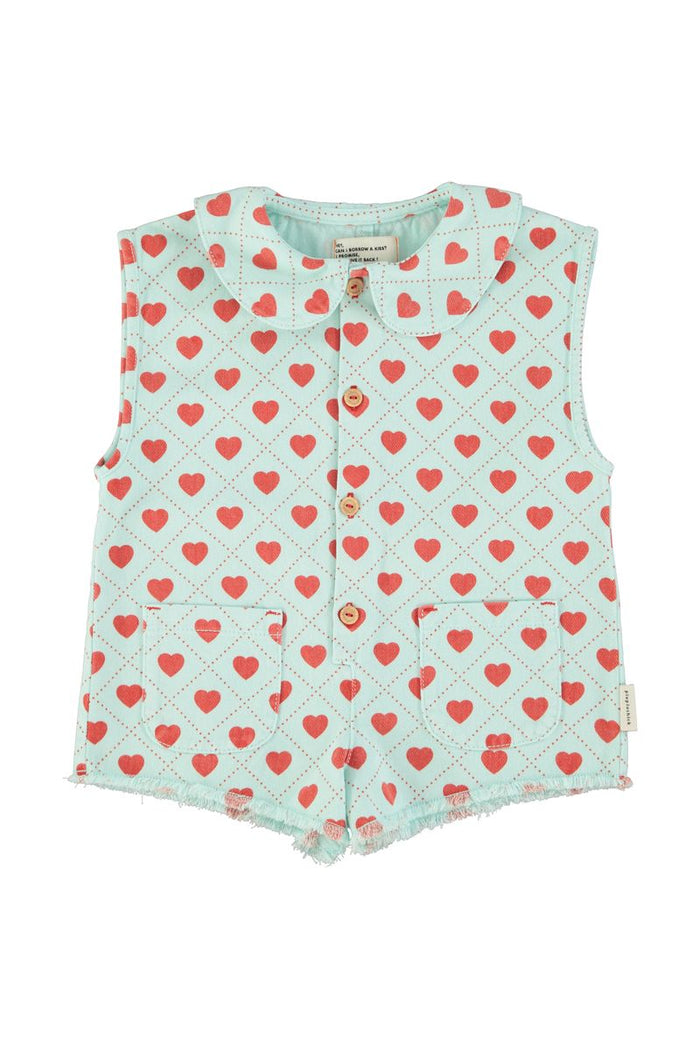 Short Sleeveless Jumpsuit in Light Blue w/Red Hearts Allover