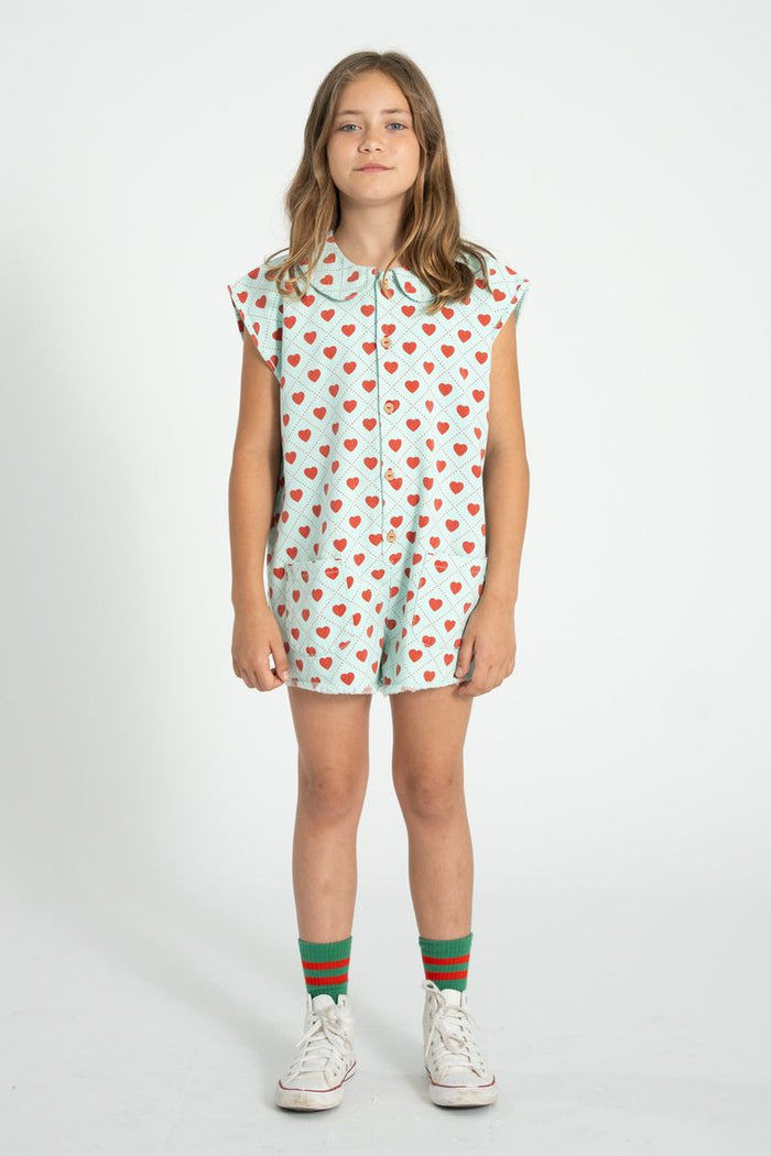 Short Sleeveless Jumpsuit in Light Blue w/Red Hearts Allover