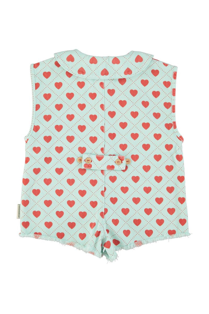 Short Sleeveless Jumpsuit in Light Blue w/Red Hearts Allover