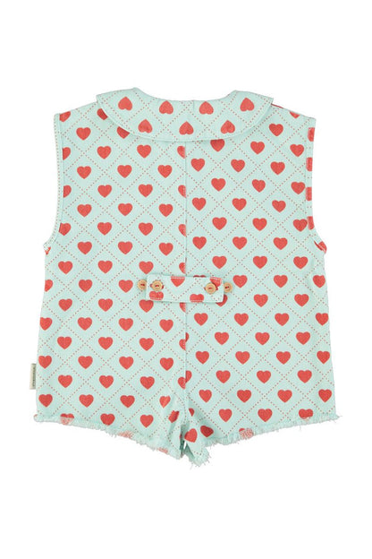 Short Sleeveless Jumpsuit in Light Blue w/Red Hearts Allover
