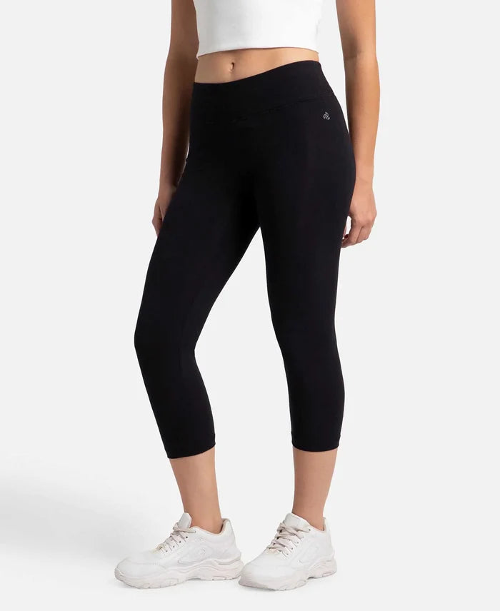 Super Combed Cotton Elastane Stretch Slim Fit Capri with Ultrasoft Waistband - Black-2
