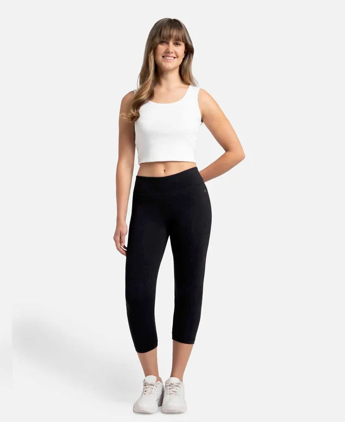 Super Combed Cotton Elastane Stretch Slim Fit Capri with Ultrasoft Waistband - Black-4