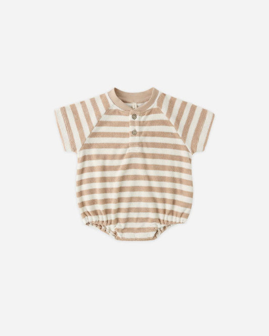 Terry Henley Romper in Latte Stripe