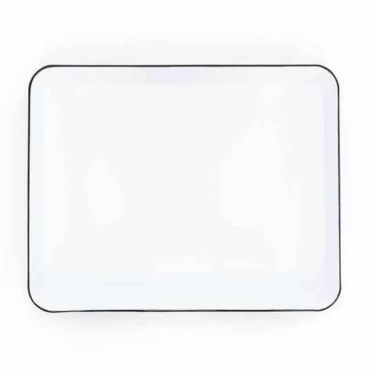 Rectangular enamel tray with black rim on a white background